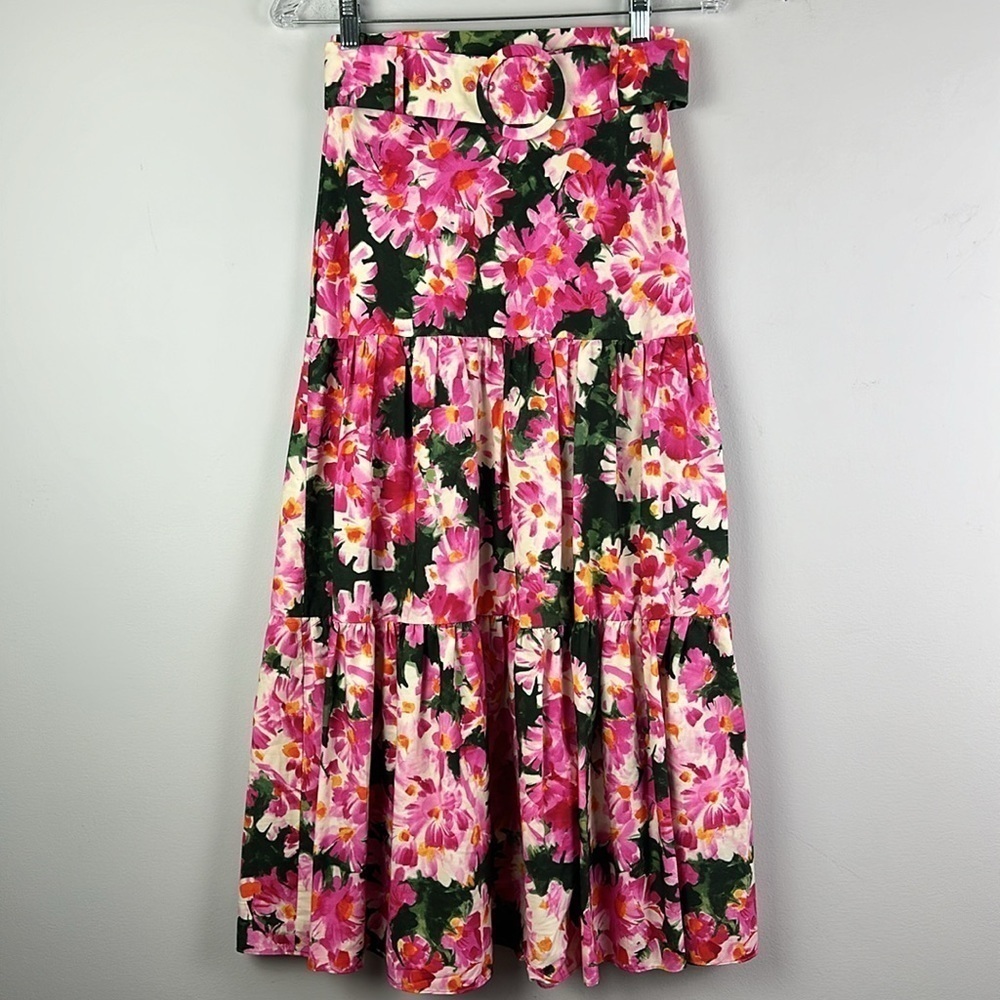 Zara Bloggers Fav Tiered Pleated Vibrant Floral Maxi Skirt Size XS Belted Spring - Picture 4 of 16